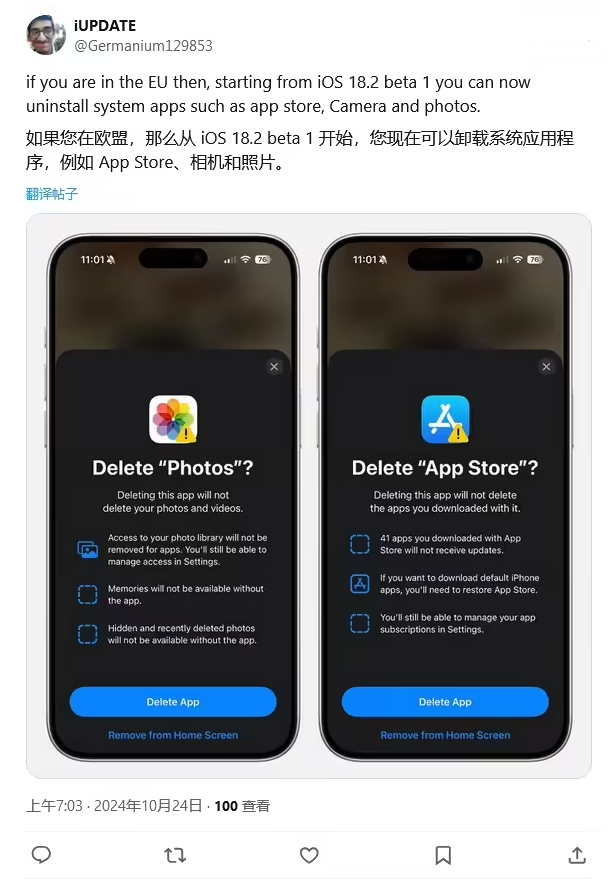 新抚苹果手机维修分享iOS 18.2 支持删除 App Store 应用商店 